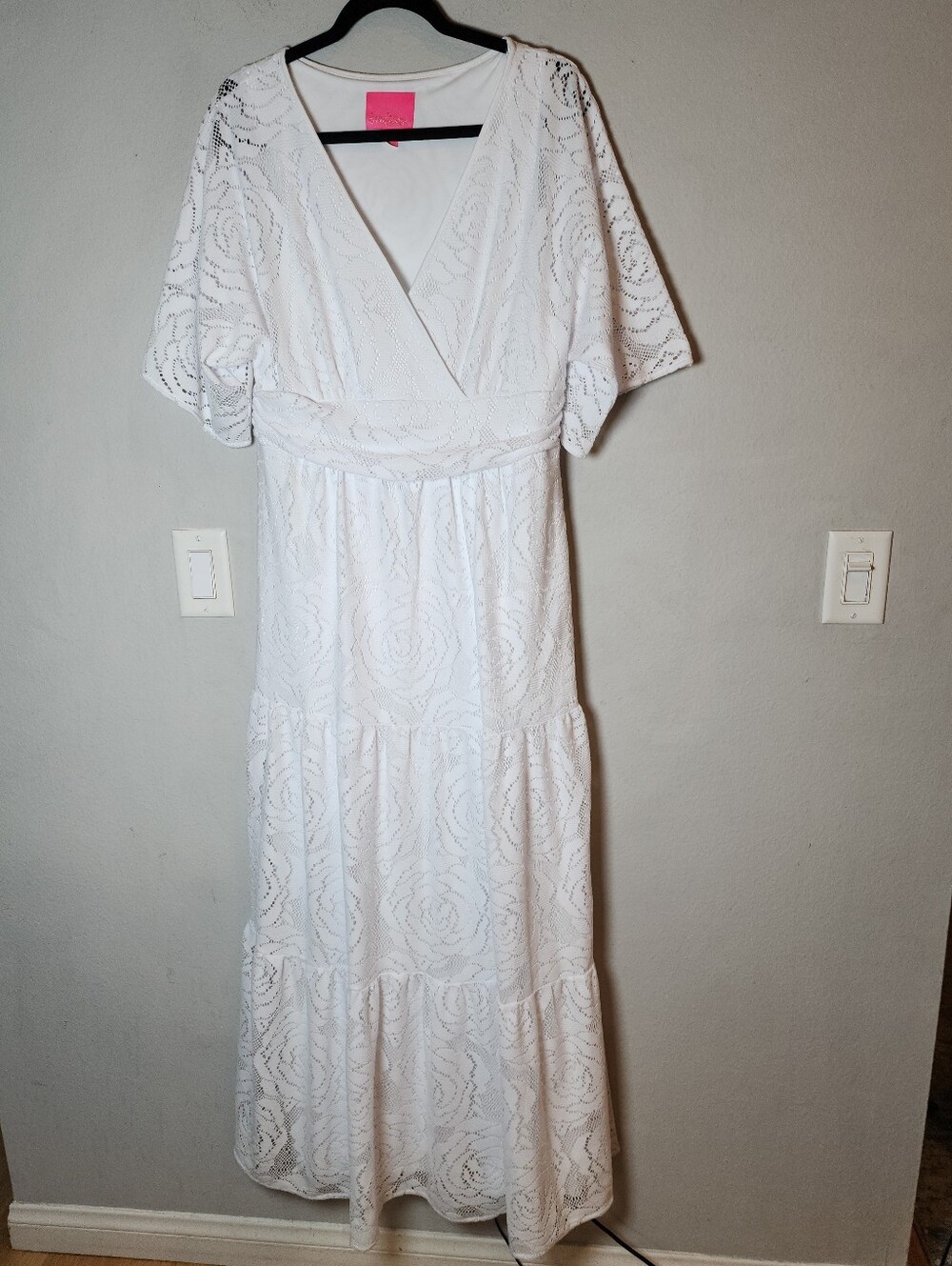 Lilly Pulitzer Parigi White Maxi Dress Surplice Floral Blossom‎ Lace XL Stretch